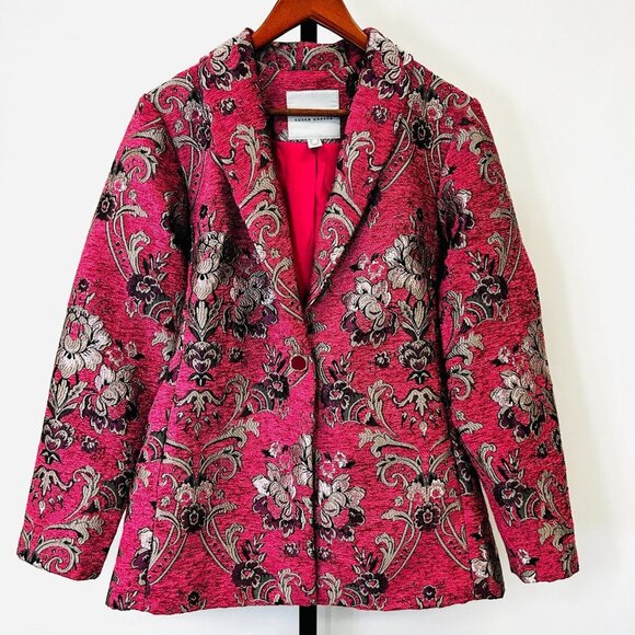 Susan Graver Jacquard Tapestry Blazer Size 4 Pink Black Gold One Button Jacket - Picture 1 of 10